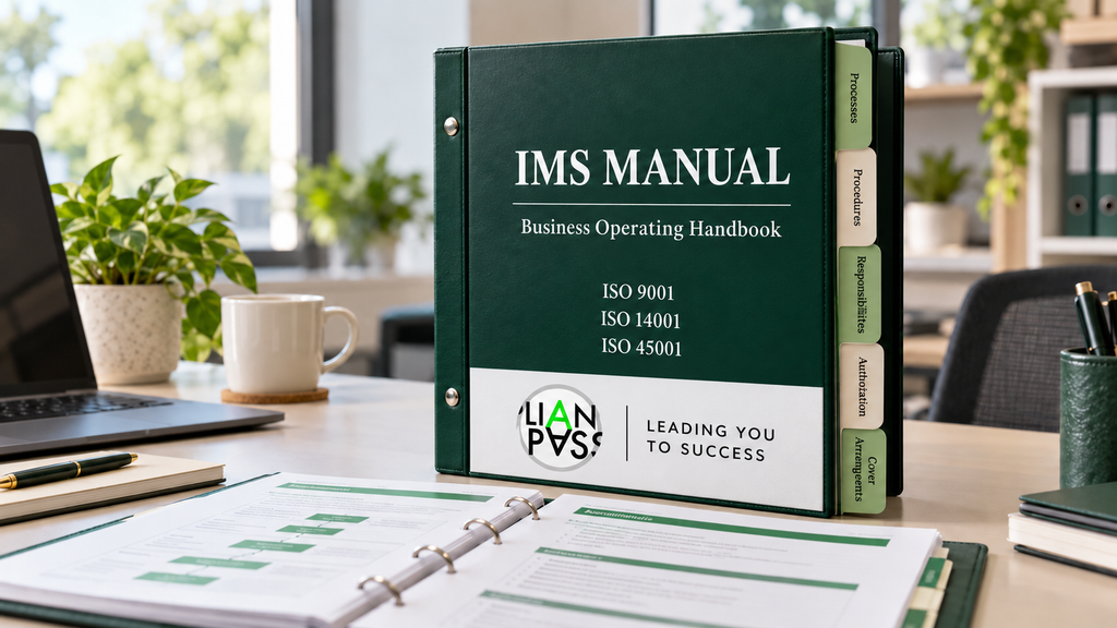 Integrated management system manual with tabs for processes, procedures, responsibilities and staff cover.