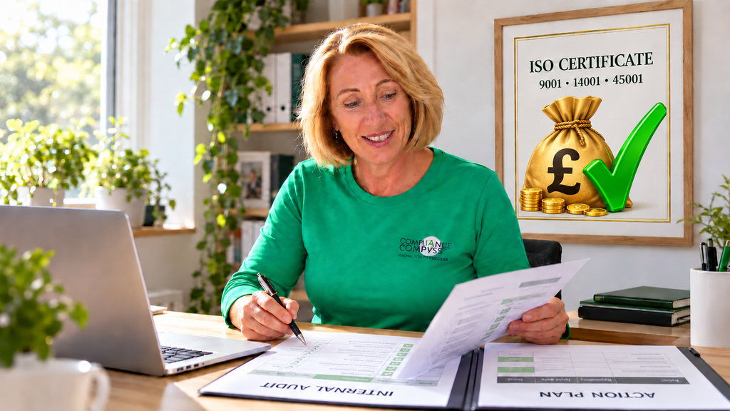 Consultant reviewing business records beside an ISO certificate illustrated with a money bag and green tick.