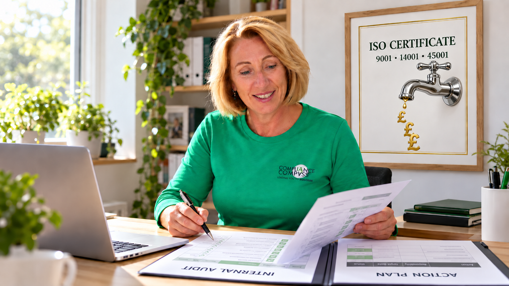 Consultant reviews ISO records beside a certificate illustrated with a dripping tap and pound signs.