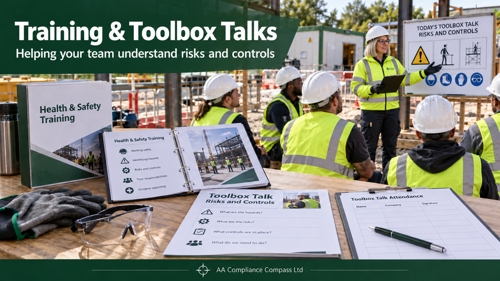 A site supervisor leads a toolbox talk on workplace risks and controls, with safety training records in the foreground.